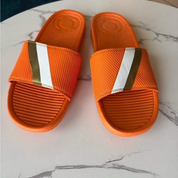Sandalboyz Men 15 - Orange Slide Sandals with Gold and White Stripes - Picture 1 of 7